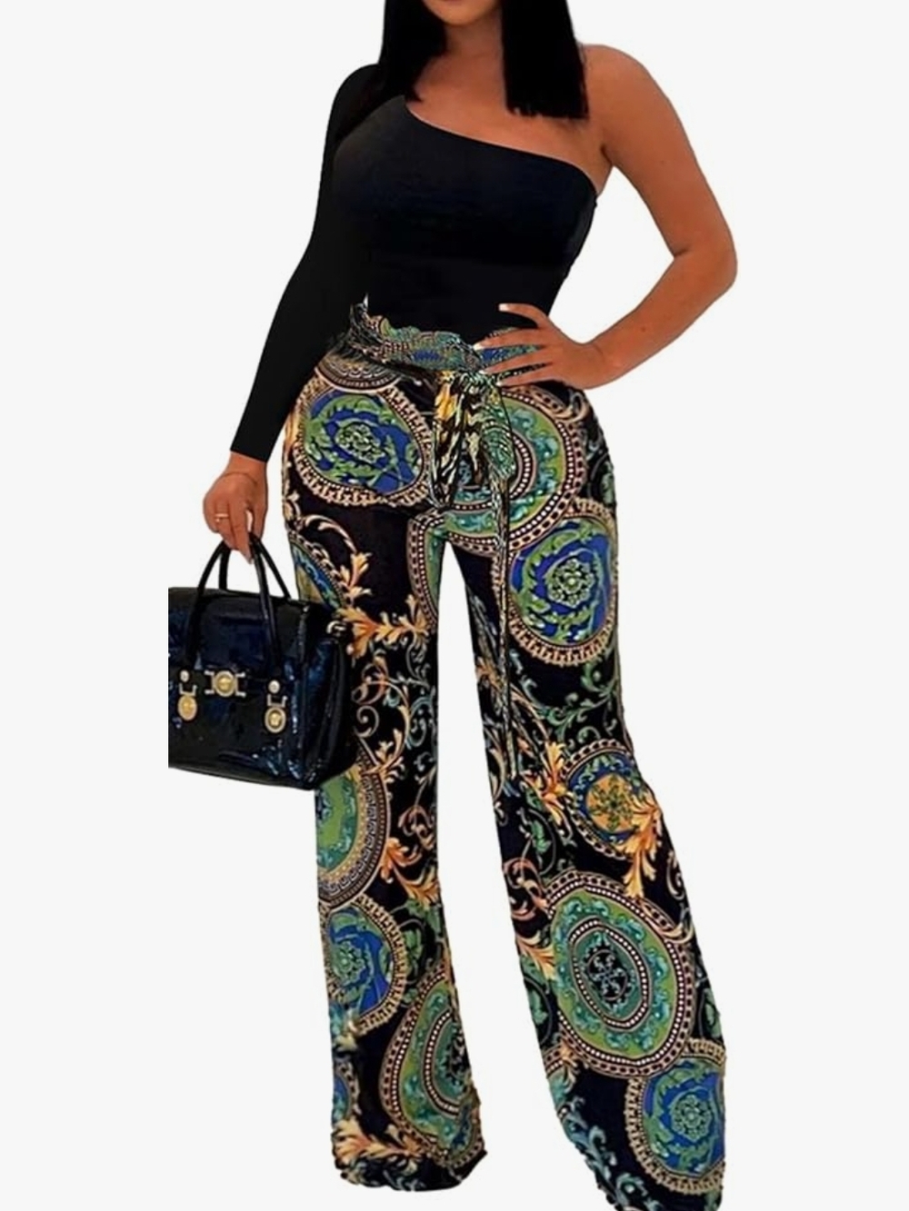 High-Waist Wide-Leg Medallion Print One Piece Jumpsuit- Black Blue Gold Yellow